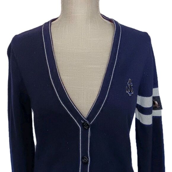 Marina Yachting Size S Navy Blue/Red White Button Front Wool Blend Cardigan - Picture 2 of 10